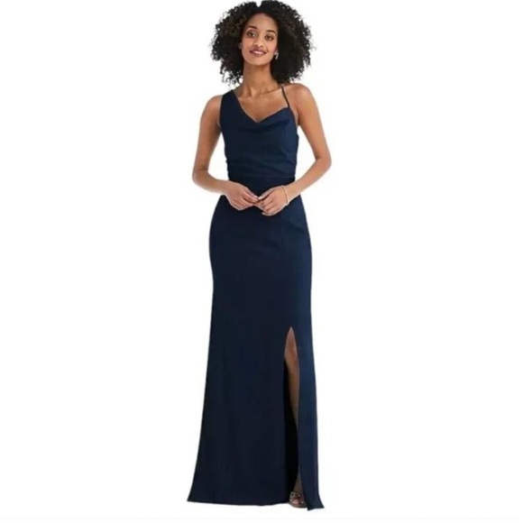 AFTER SIX 6849 Midnight Blue One Shoulder Draped Cowl Neck Maxi Bridesmaid Dress - Picture 1 of 16